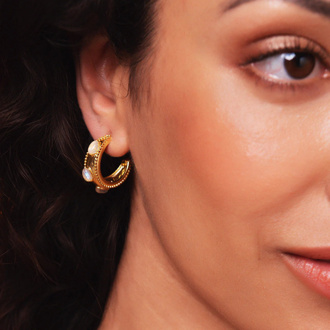 Vintage Set Stone Hoop Earrings