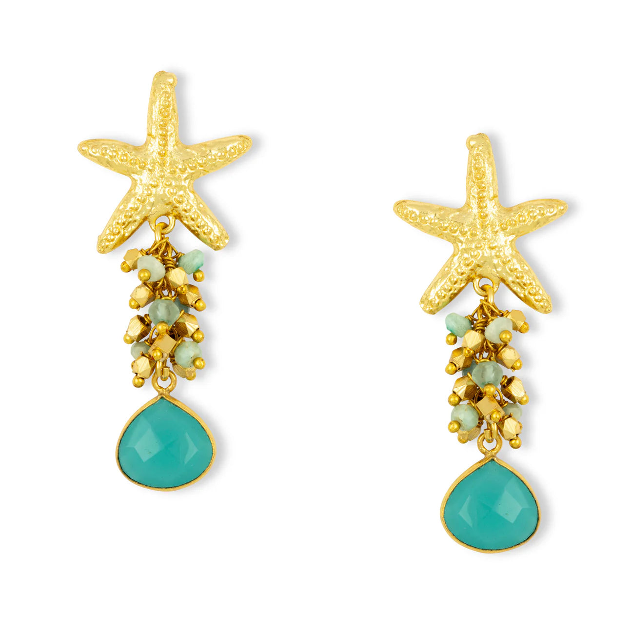 Starfish Earrings with beaded Aqua Chalcedony Stone Cluster