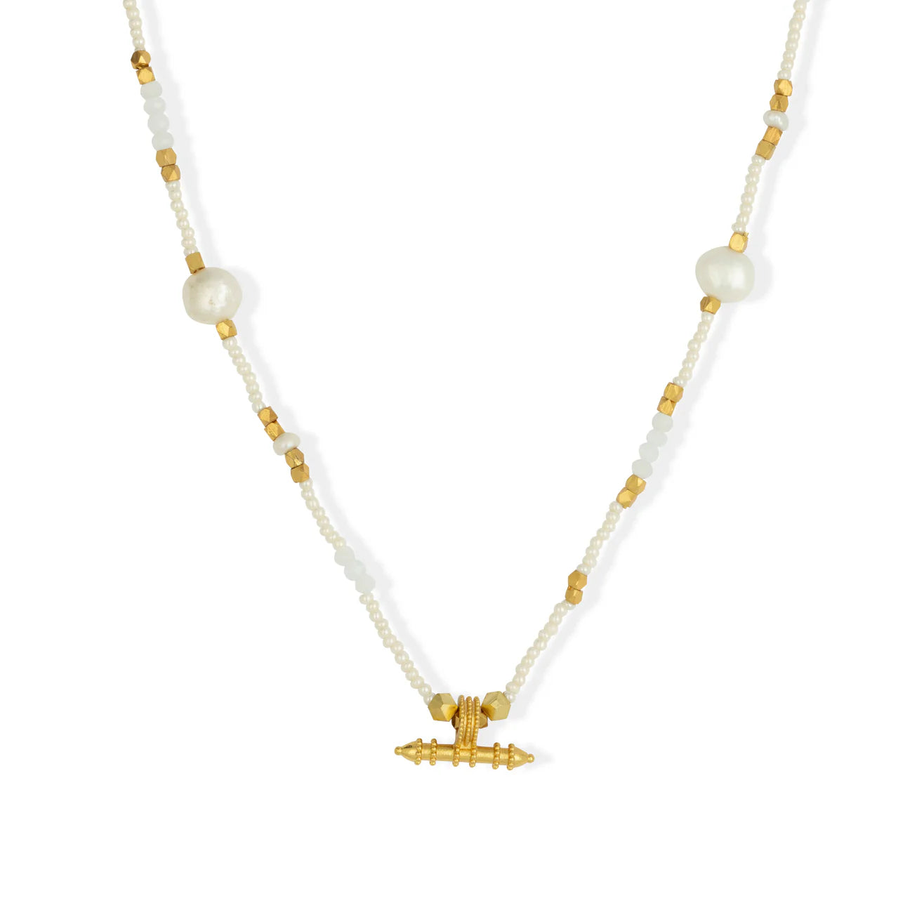 Intricate Beaded T-bar Necklace with Pearls