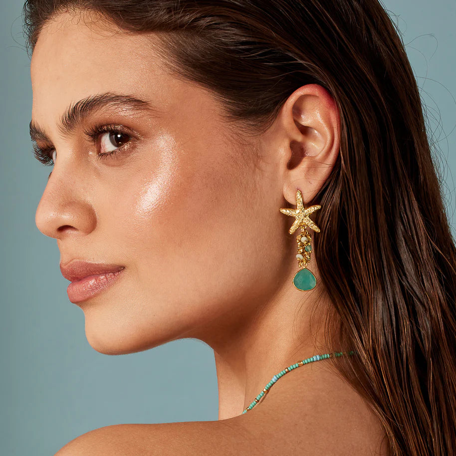 Starfish Earrings with beaded Aqua Chalcedony Stone Cluster