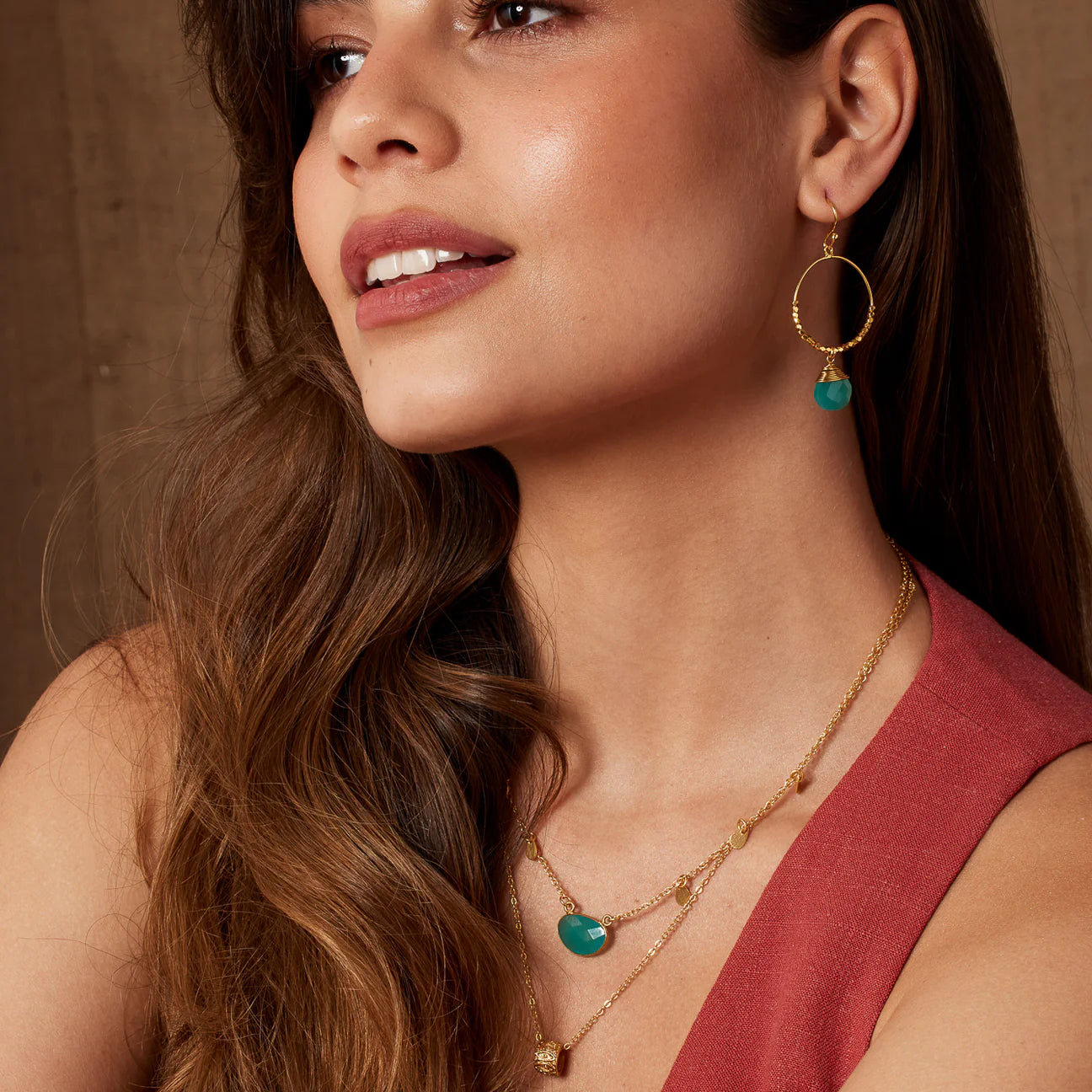 Beaded Stone Drop Hoop Earring