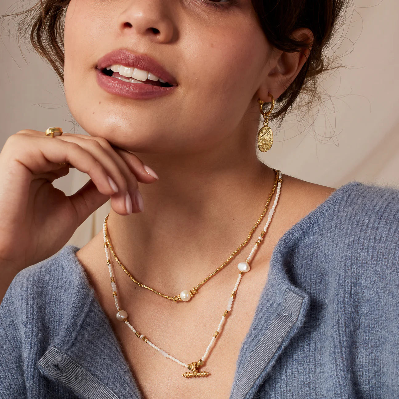 Faceted Bead Short Pearl Necklace