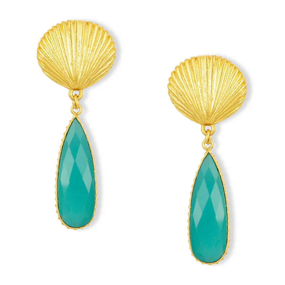 Shell Earrings with Statement Aqua Stone Drop