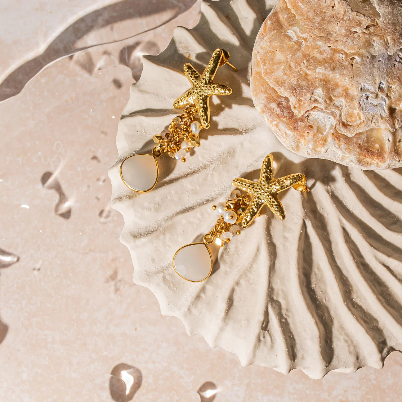 Starfish Earring with Beaded Chalcedony Stone Cluster