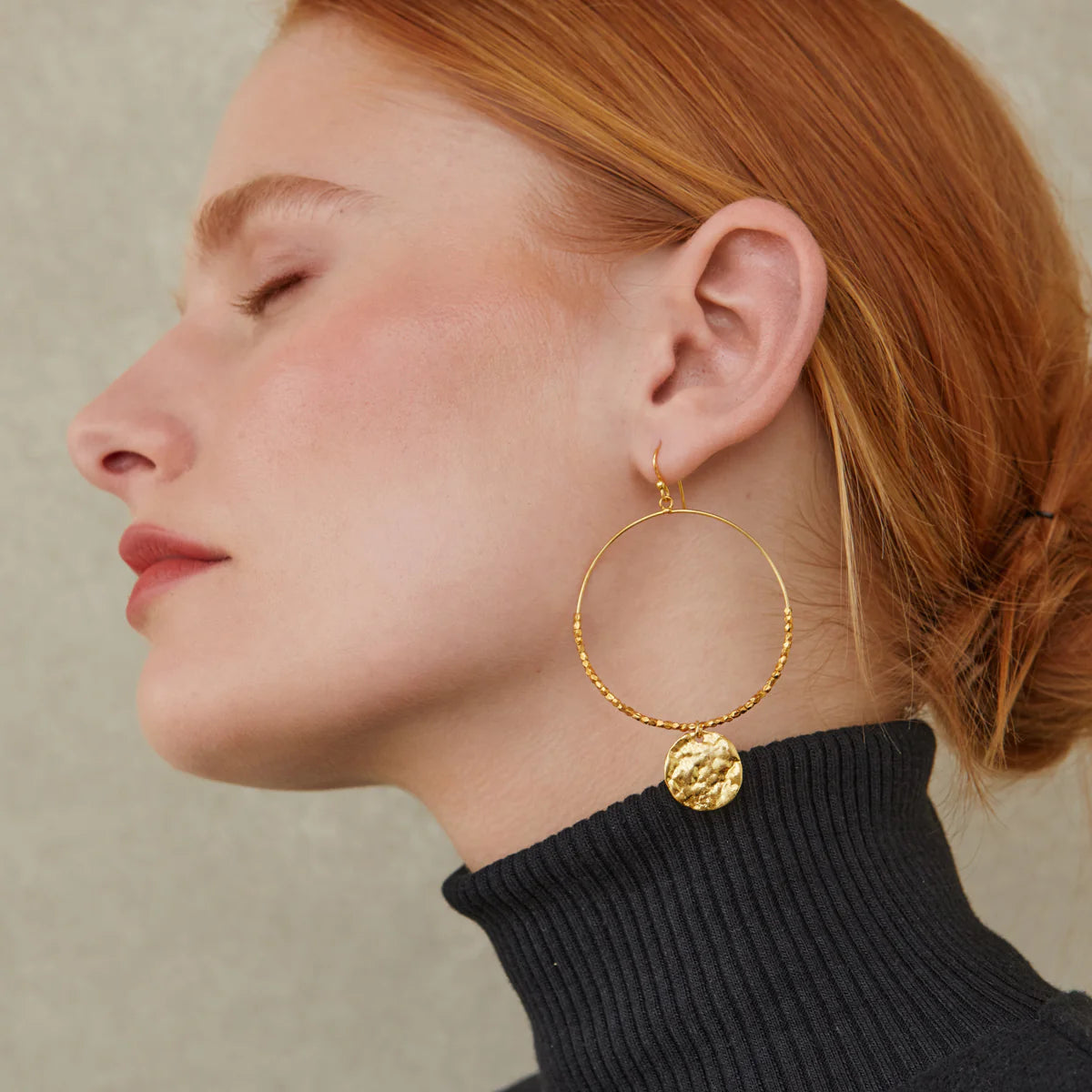 Statement Beaded Hoop Earring with Molten Disc Drop